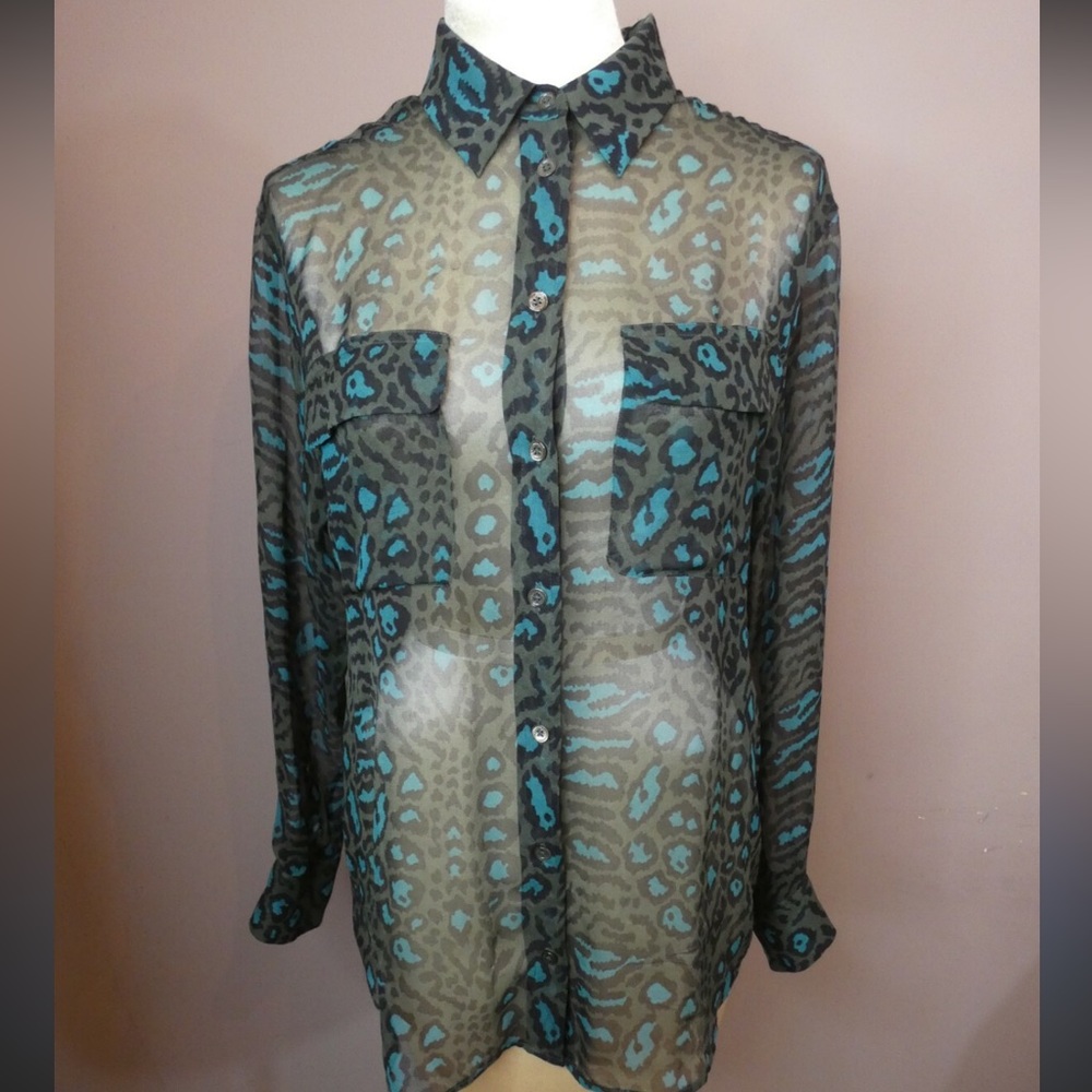 Equipment Teal and Black Animal Print Blouse